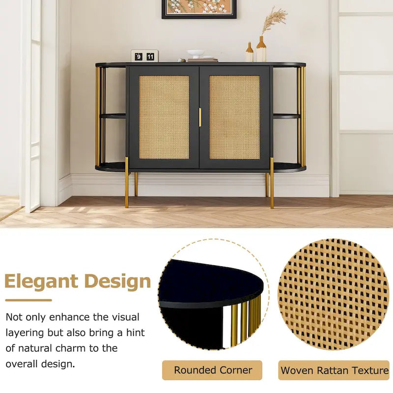 2-Door Elegant Curved Dining Cabinet with Gold Trim and Woven Rattan Doors for Dining Room