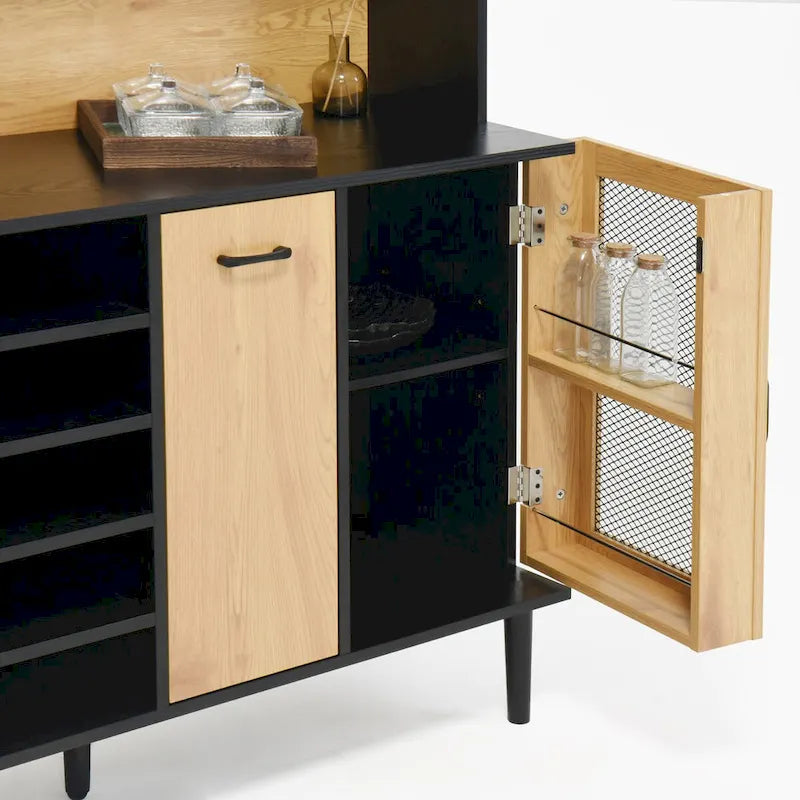 59 H Buffet Sideboard Cabinet with Storage Door & Power Outlet, Farmhouse Coffee Bar Cabinet with Wine Rack, Kitchen Pantry