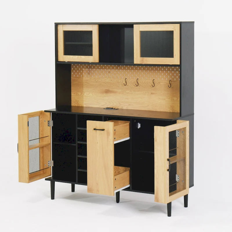 59 H Buffet Sideboard Cabinet with Storage Door & Power Outlet, Farmhouse Coffee Bar Cabinet with Wine Rack, Kitchen Pantry