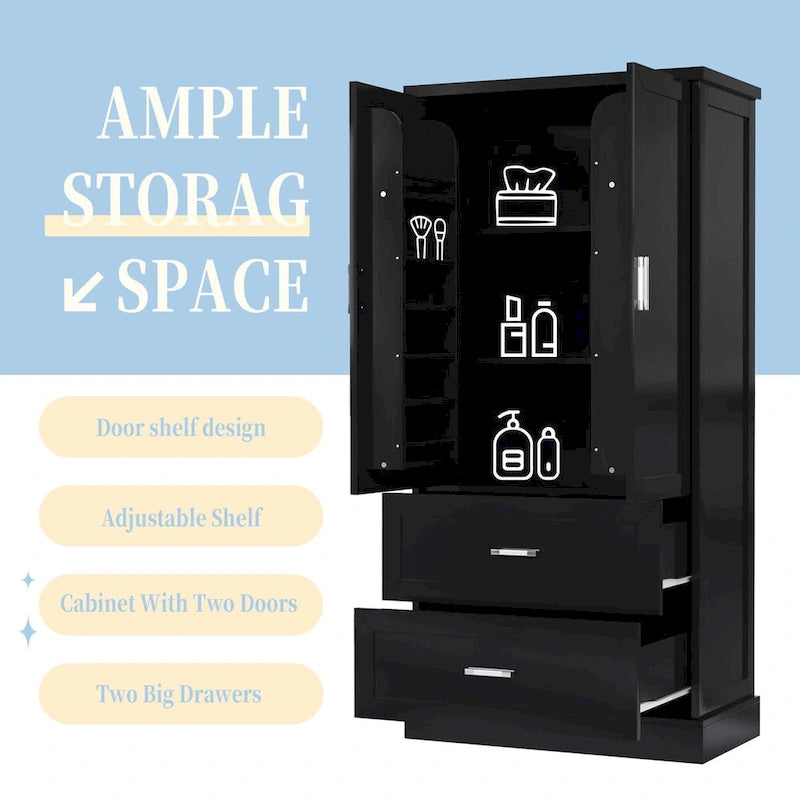 Tall Bathroom Storage Cabinet, Cabinet with Two Doors and Drawers, Adjustable Shelf, MDF Board, Black