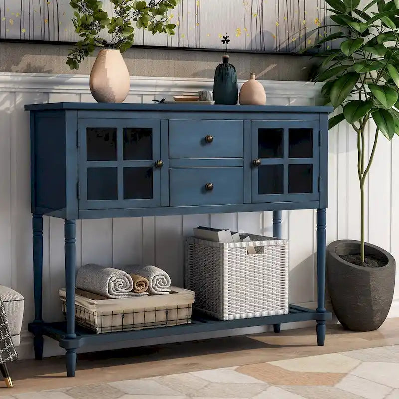 Farmhouse Antique Navy Wood Sideboard Console Table with Bottom Shelf - N/A